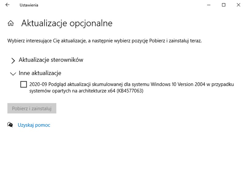 Aktualizacje opcjonalne Windows 10