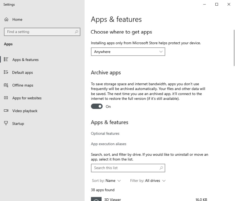 Archiwizacja aplikacji Windows 10 21H1